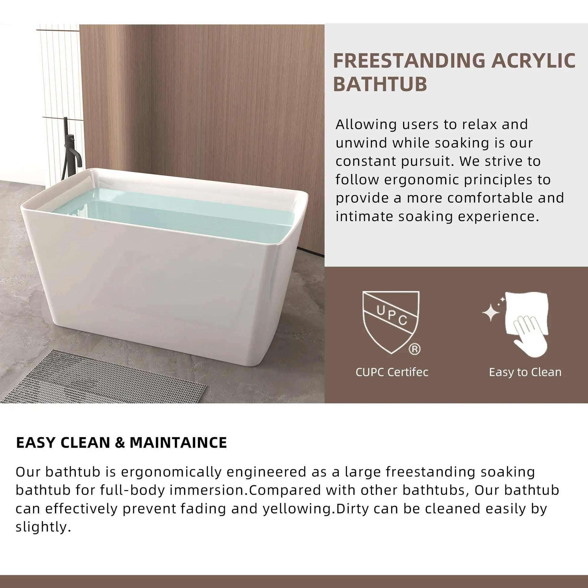 47" Gloss White Acrylic Freestanding Bathtub with Built-In Seat, Invisible Overflow and Chrome Pop-Up Drain