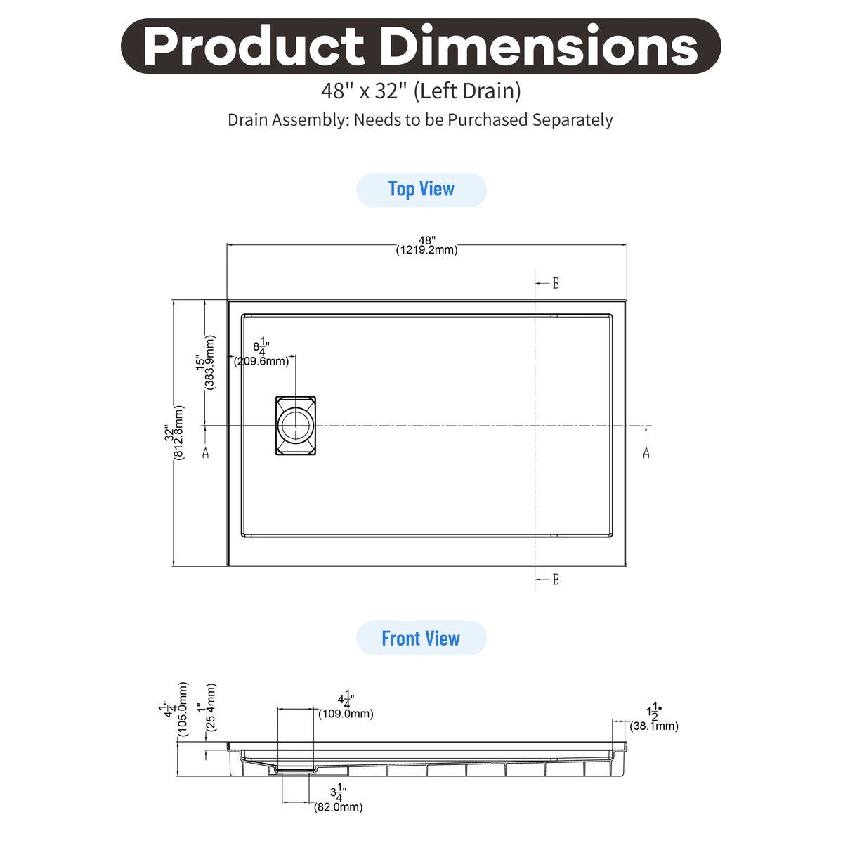 48"/60"x30"-36" White SMC Shower Base with Flamed Rock Slip-Resistant Surface, Left/Right Drain