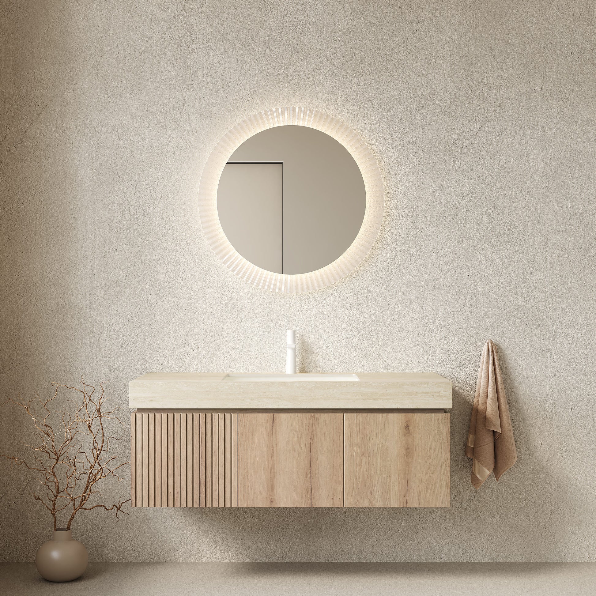 48 in. Floating Bathroom Vanity with Drawer and Doors, Sintered Stone Top and Ceramic Undermount Sink, Brown Oak or White Oak Woodgrain
