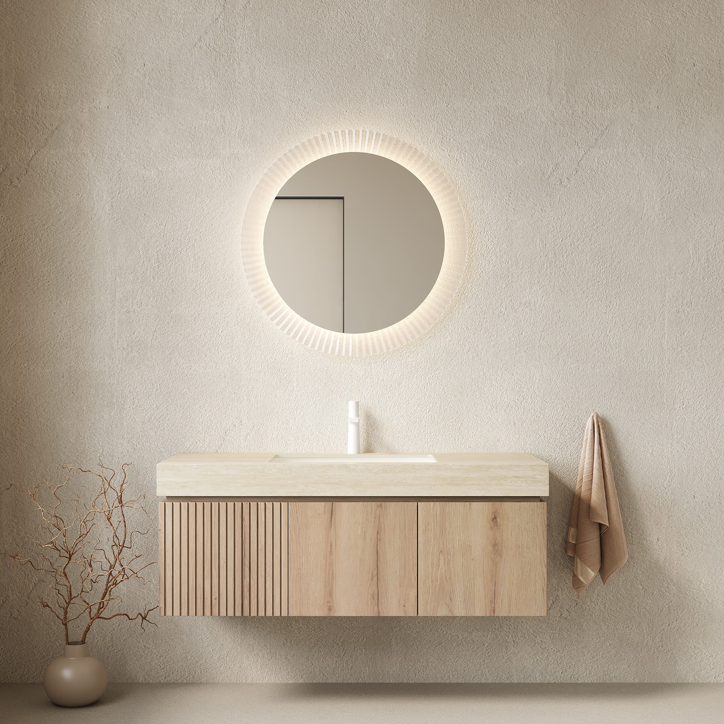48 in. Floating Bathroom Vanity with Drawer and Doors, Sintered Stone Top and Ceramic Undermount Sink, Brown Oak or White Oak Woodgrain