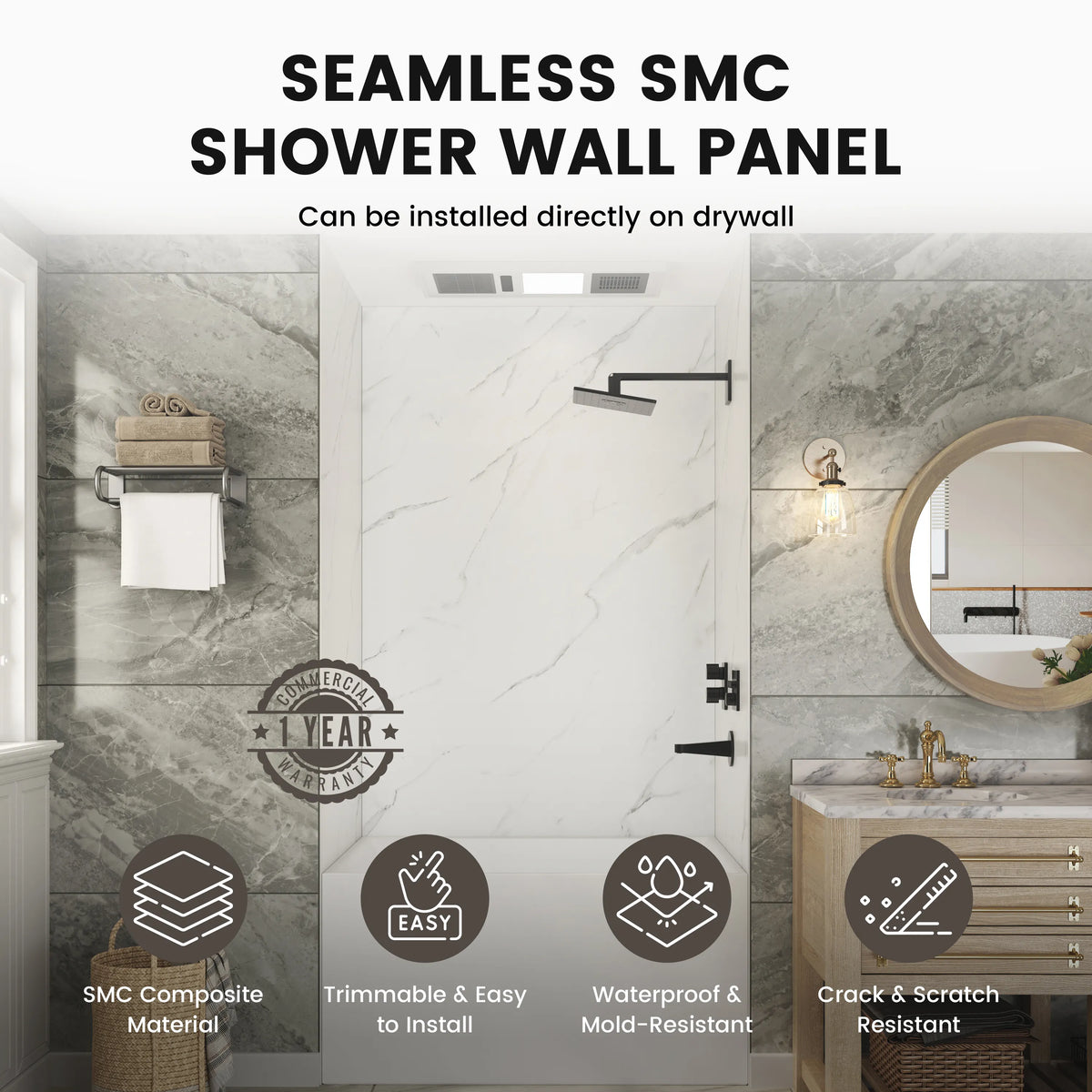 48"x36"x96" Calacatta/Cararra White SMC Shower Wall Panel System, Waterproof Grout-Free Shower Surround