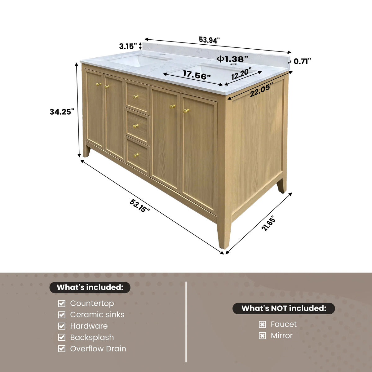 54" Light Oak Freestanding Bathroom Vanity with Double Sink & Marble Top