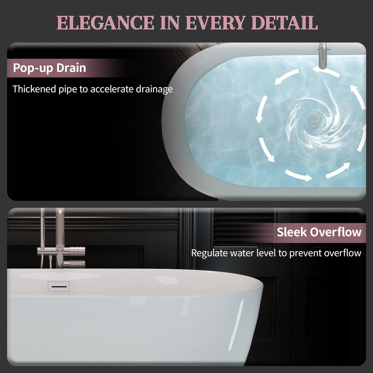 55"/59"/63" Glossy White Acrylic Freestanding Oval Soaking Bathtub with Center Pop-Up Drain and Integrated Overflow