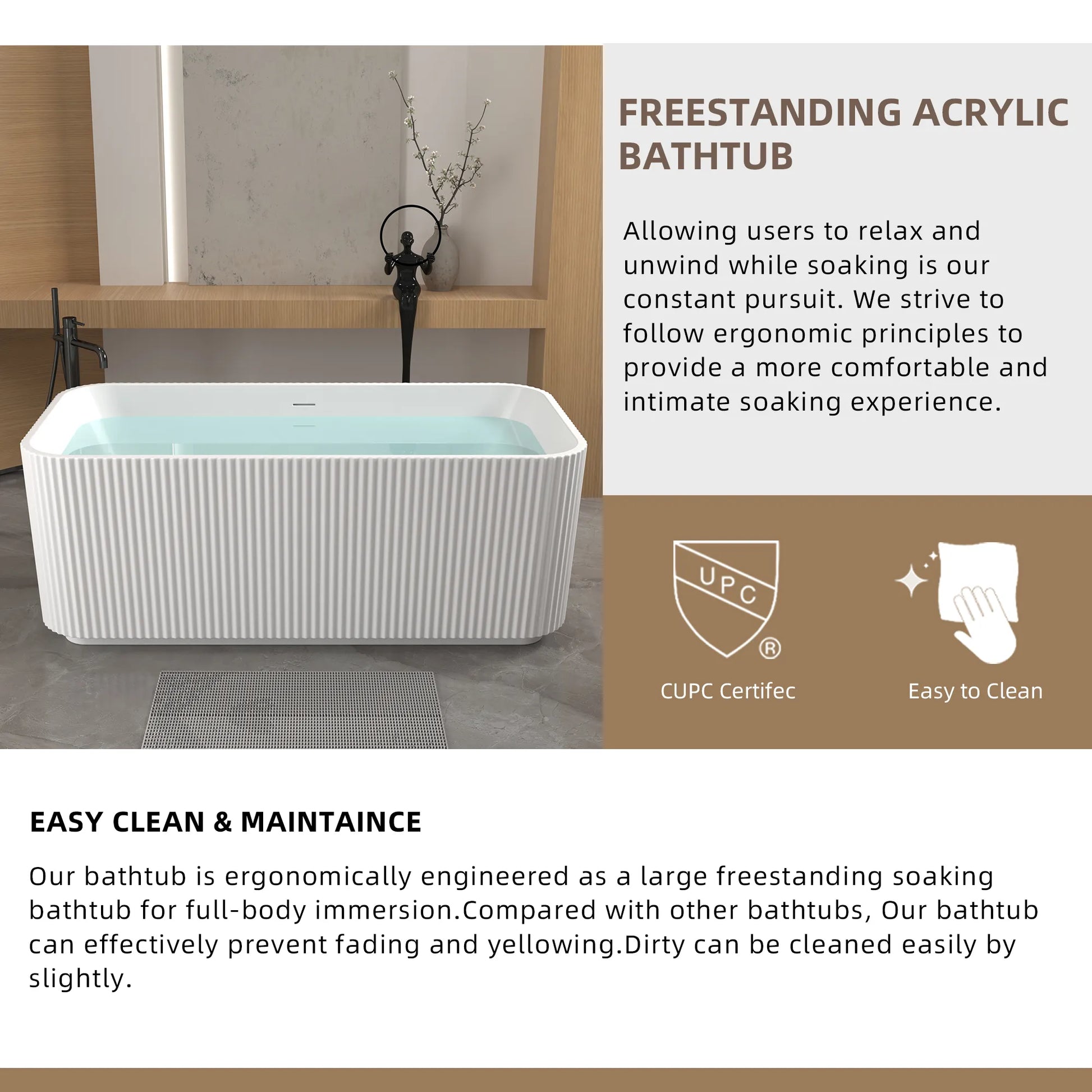 59" Gloss White Acrylic Freestanding Bathtub with Chrome Pop-Up Drain