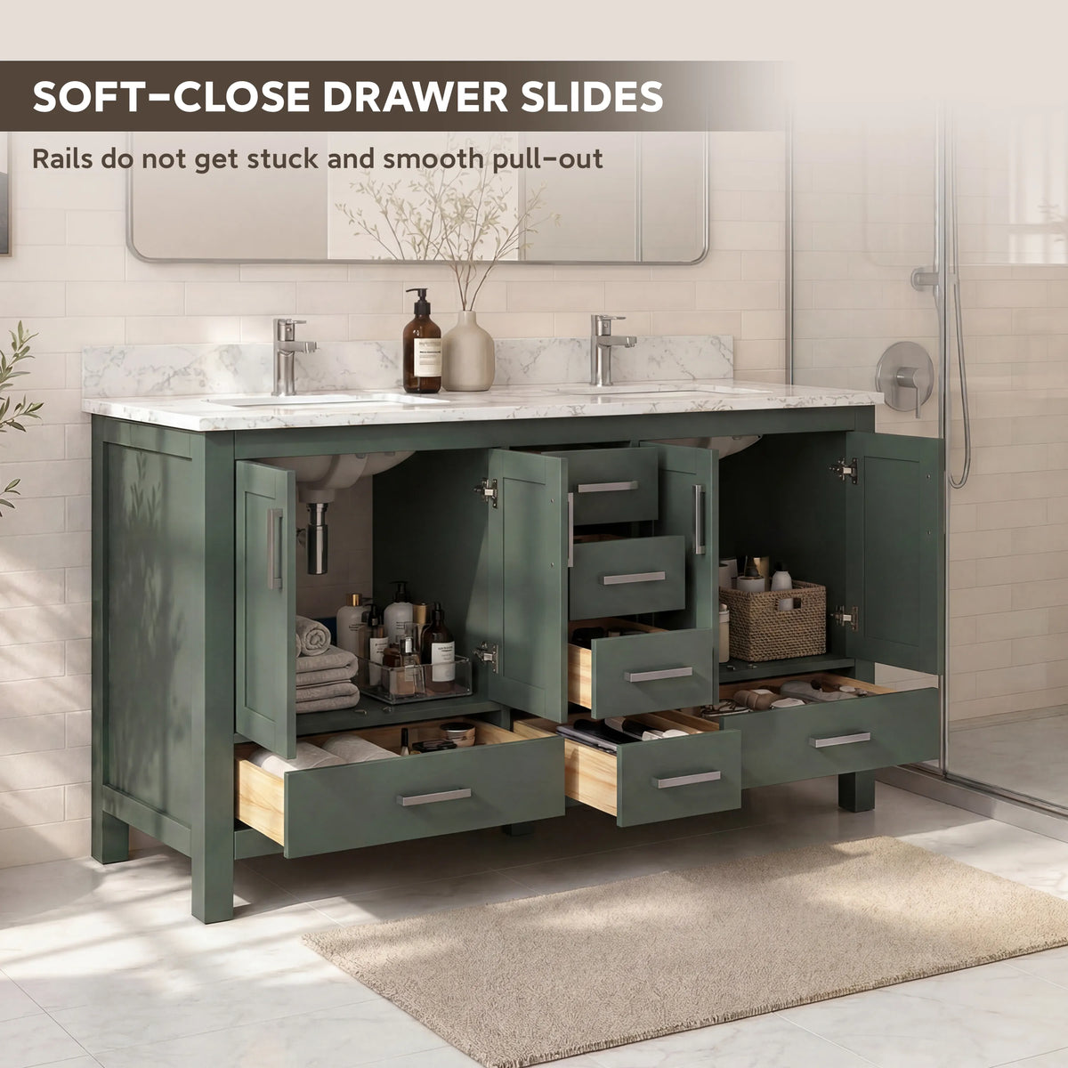 60" Deep Olive Green Double Sink Bathroom Vanity with Engineering Stone Top & 2 Basins