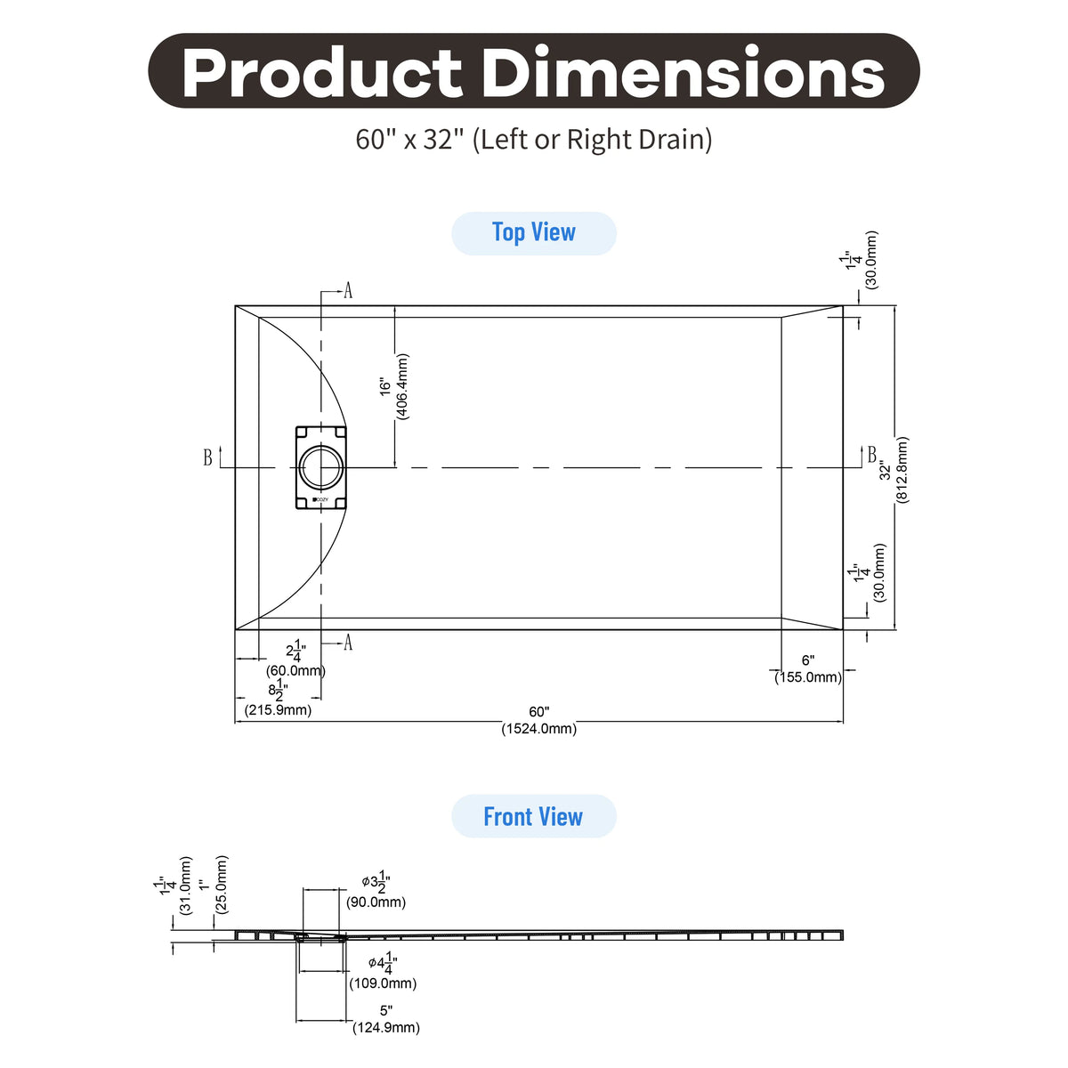 60"x32"/36" Curbless SMC Shower Base with Flamed Rock Slip-Resistant Surface, Reversible Drain