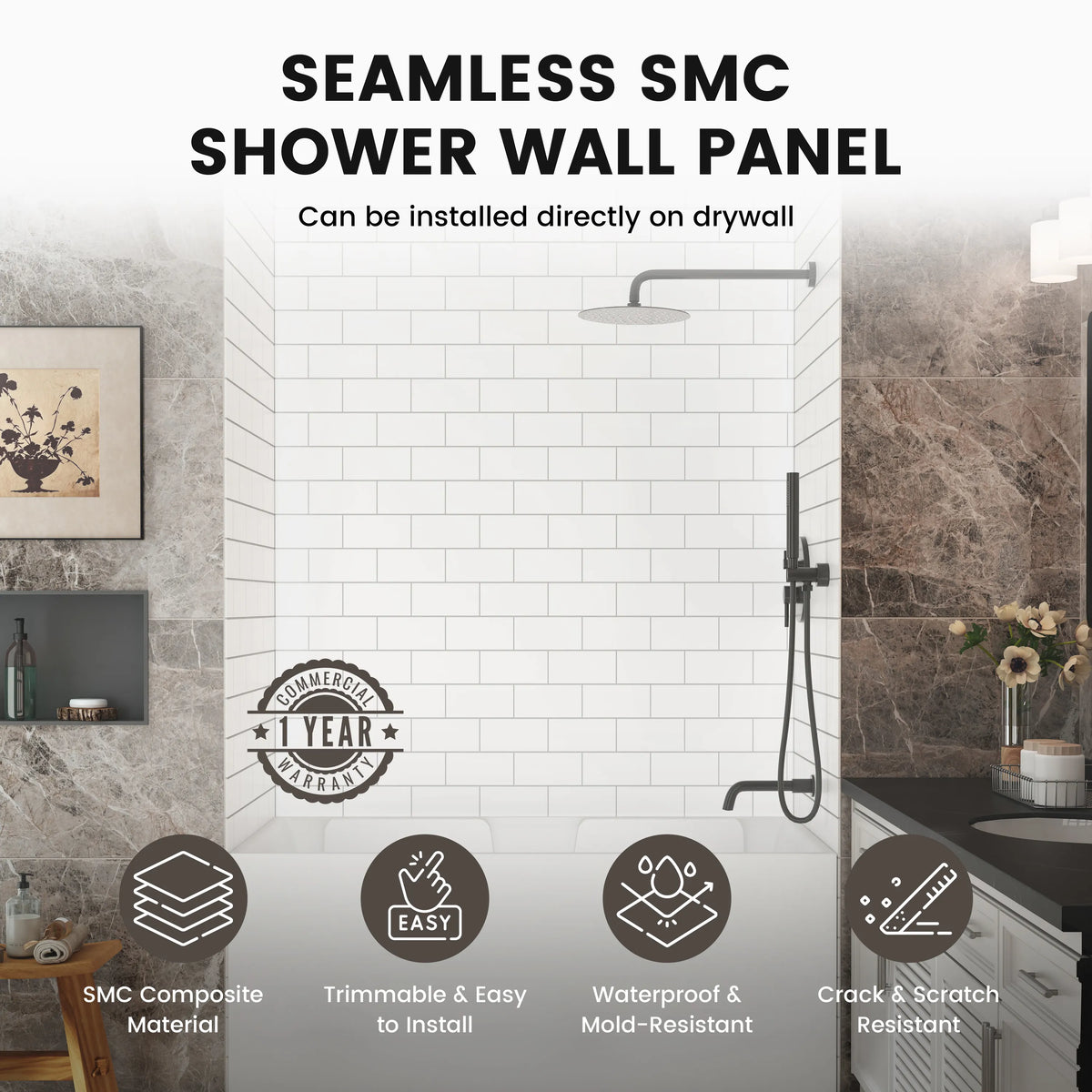 60"x32"x96" Matte/Glossy Surface SMC Shower Wall Panel Kit with Small Subway Tile Pattern