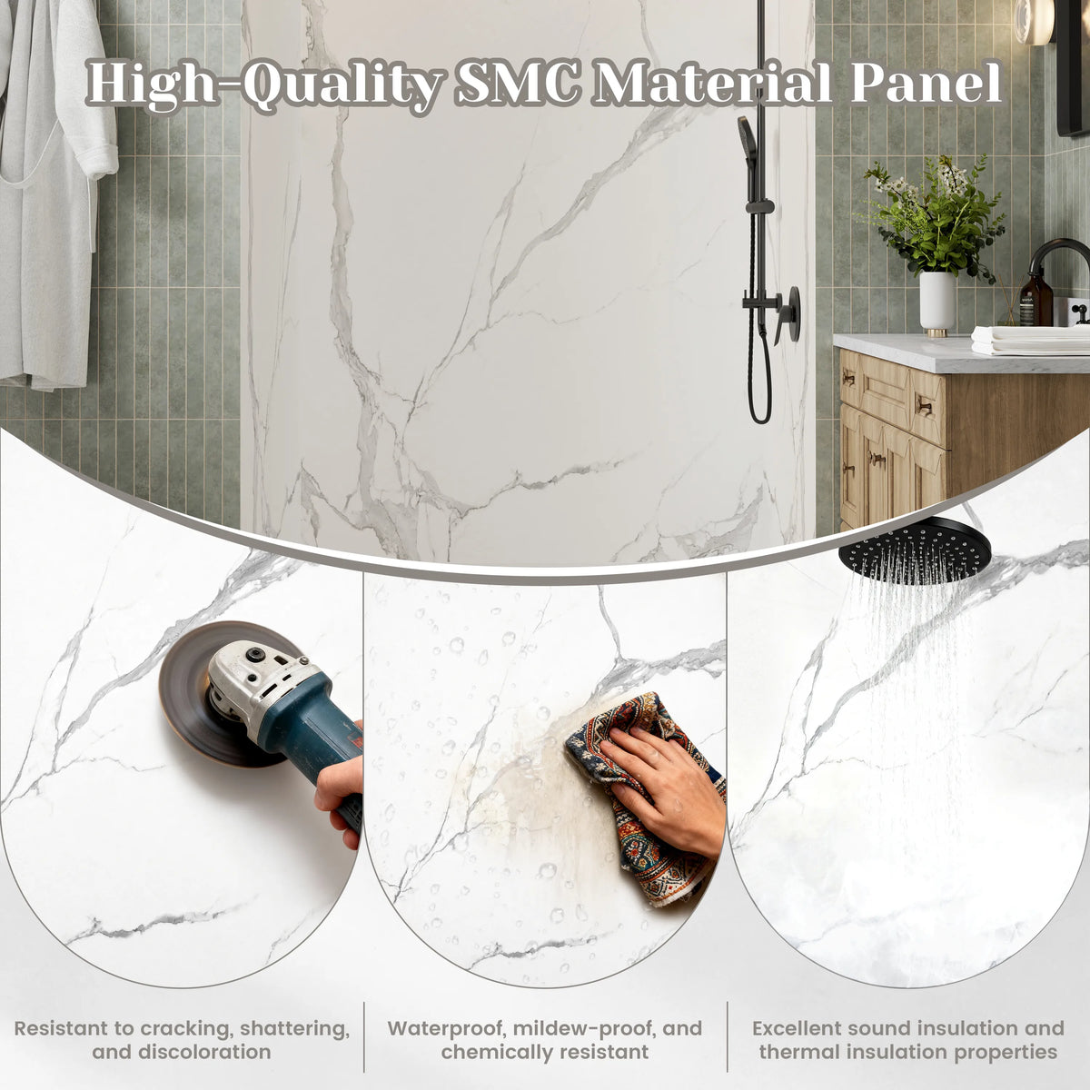 60"x36"x75"/96" Matte White with Marble Texture SMC Shower Wall Panel Kit