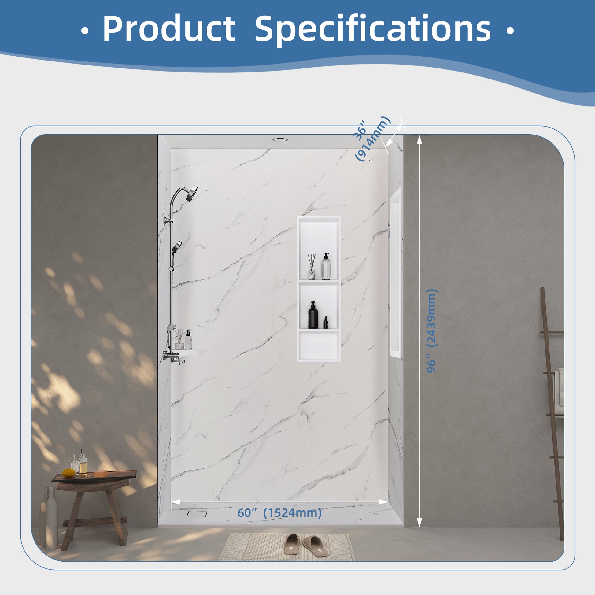 60"x36"x96" SMC Shower Wall Panel Kit in Calacatta/Carrara Finish with Grout-Free Matte Surface