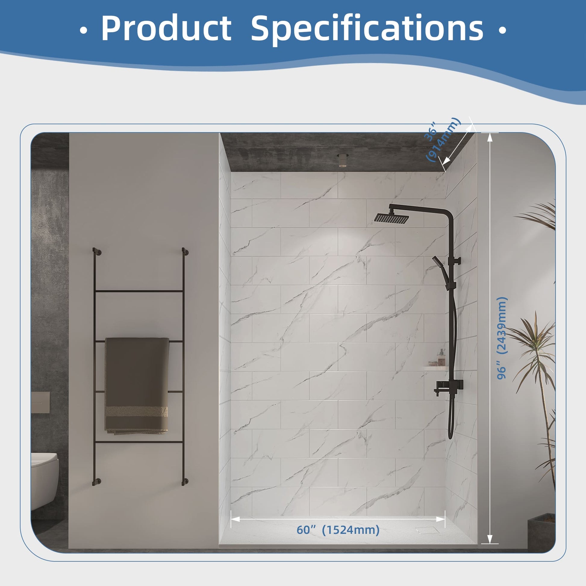 60"x36"x96" SMC Shower Wall Panel Kit with Medium Subway Tile Pattern with Calacatta Matte Finish