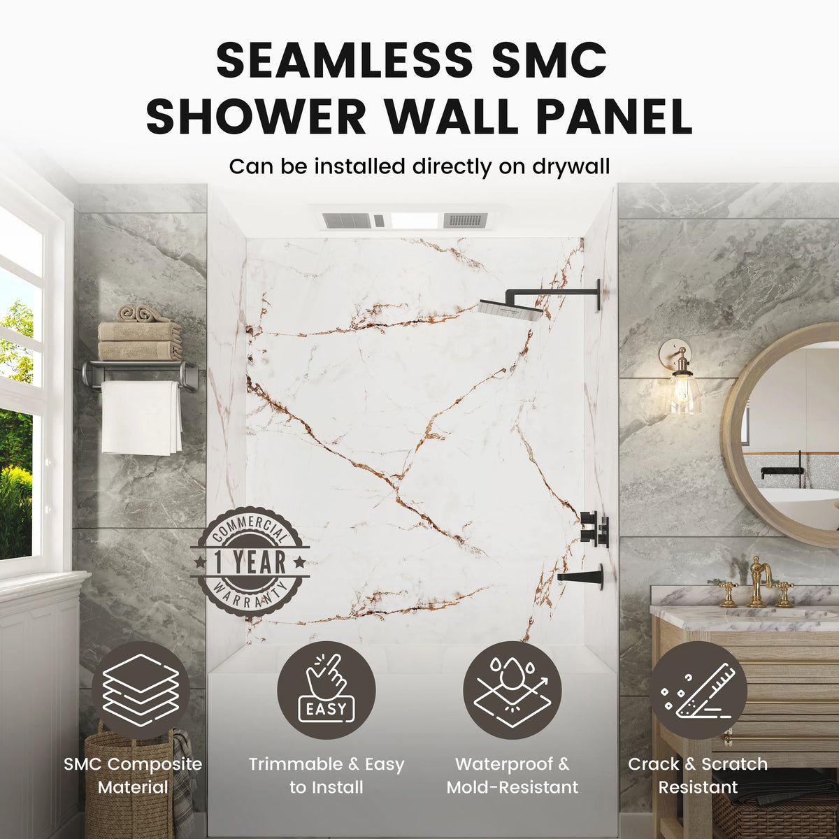 60"x36"x96" SMC Shower Wall Panels, Waterproof Grout-Free Shower Surround in 4 Finishes