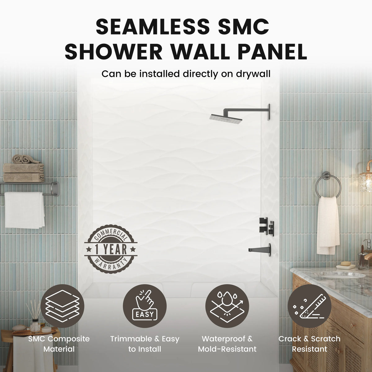 60"x36"x96" White SMC Shower Wall Panel Kit with Wave Texture, Waterproof Grout-Free Design