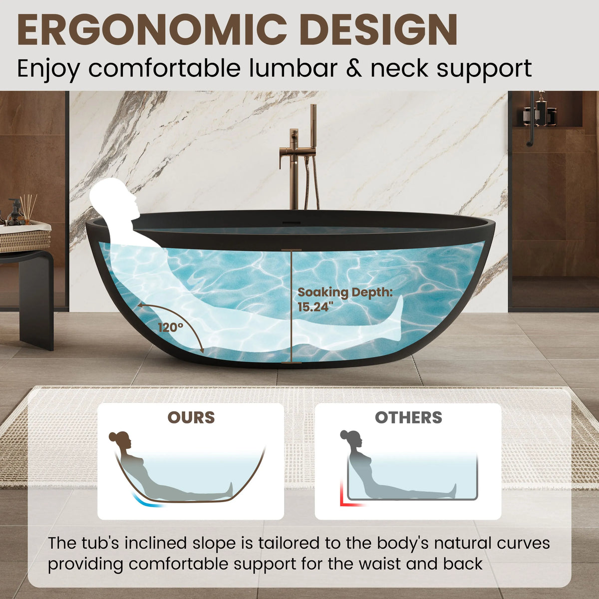 67" Matte Black Oval Solid Surface Freestanding Bathtub with Overflow and Central Drain