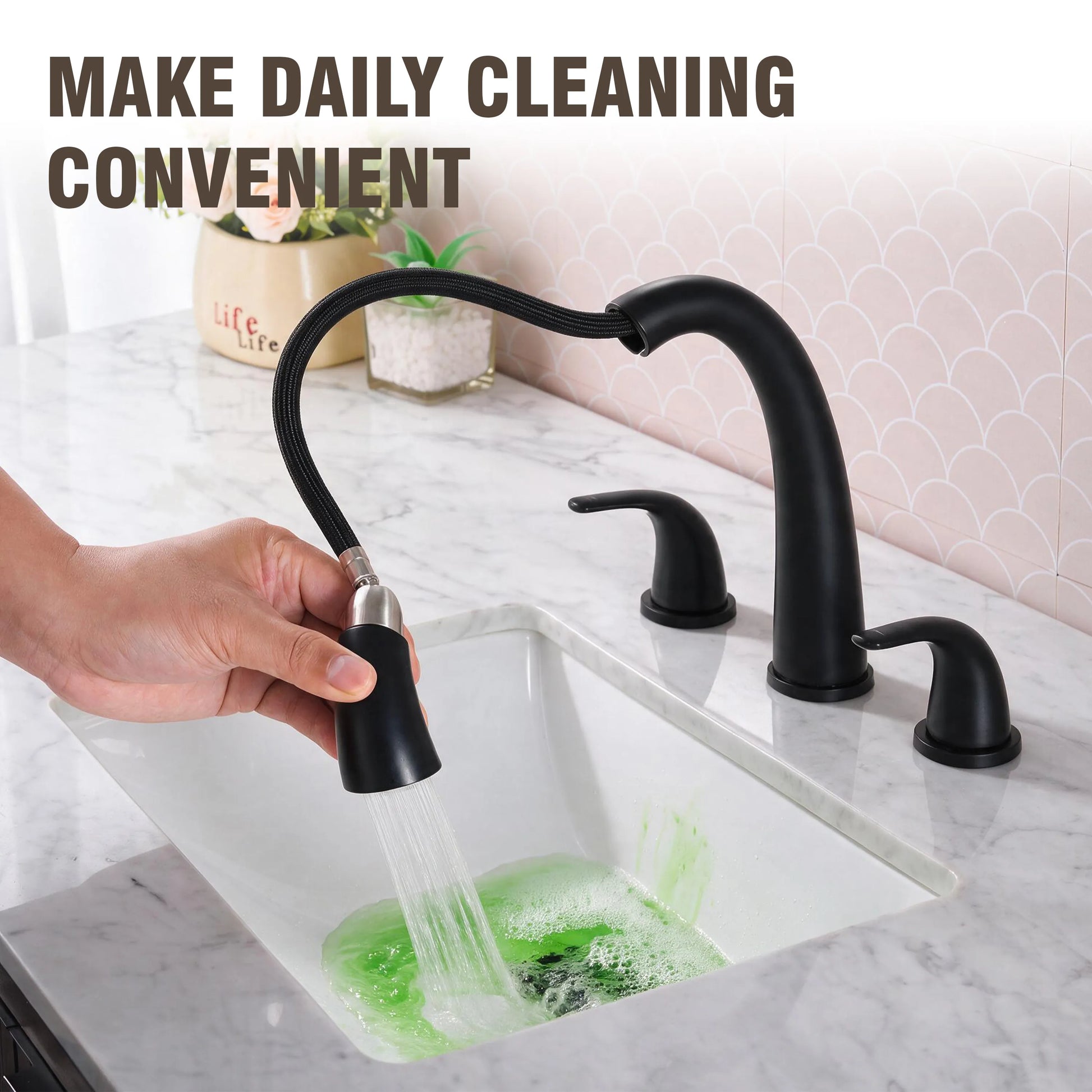 8" Matte Black Pull-Down Widespread Bathroom Faucet