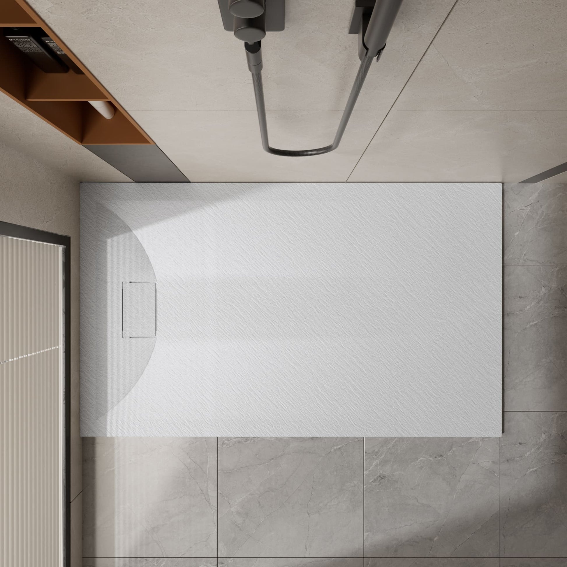 Curbless SMC Shower Base with Flamed Rock Slip-Resistant Surface, Reversible Drain