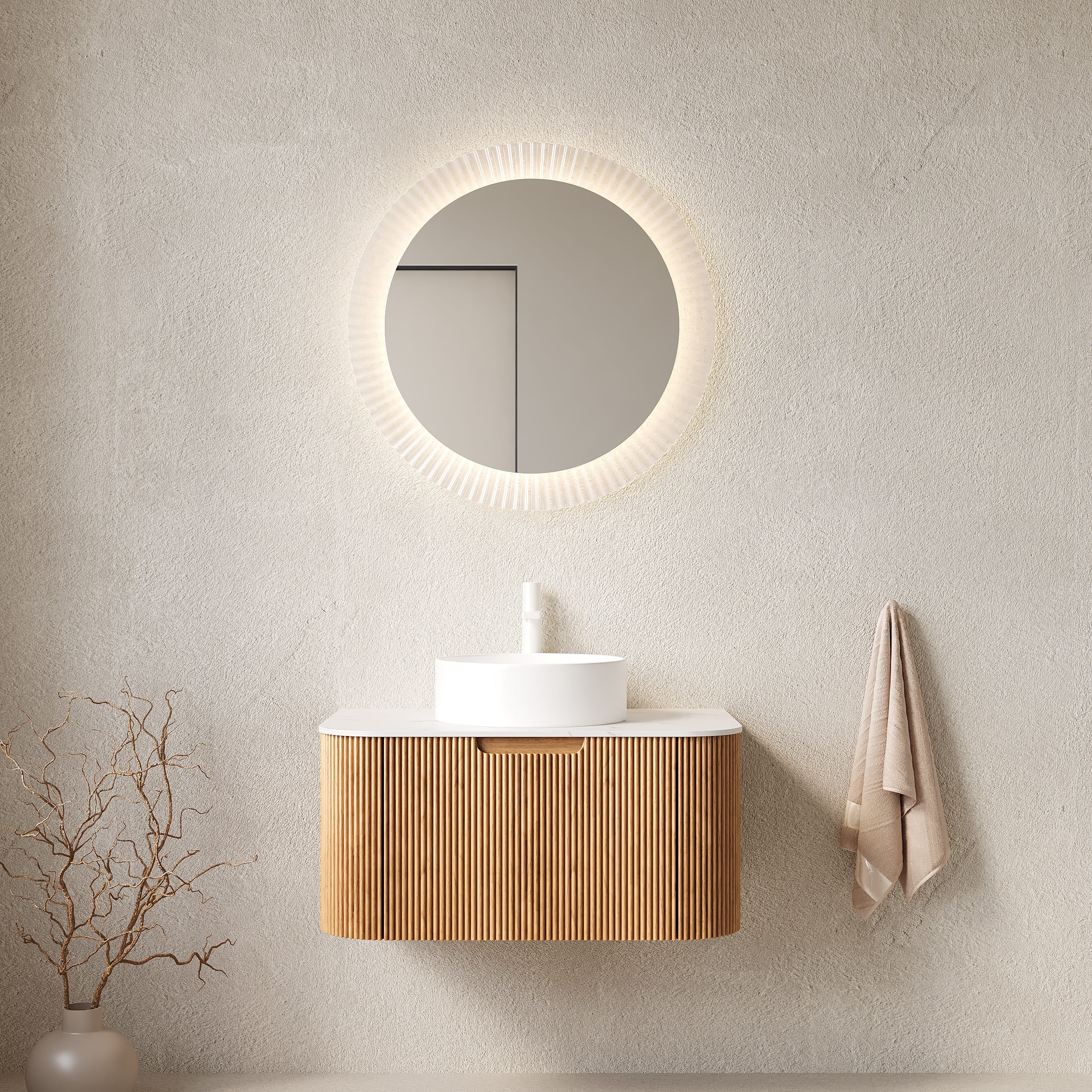 Floating Bathroom Vanity with Curved Edges, Fluted Drawer Fronts, Carrara Sintered Stone Top and Round Ceramic Vessel Sink, Natural Woodgrain / Dark Walnut