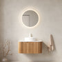Floating Bathroom Vanity with Curved Edges, Fluted Drawer Fronts, Carrara Sintered Stone Top and Round Ceramic Vessel Sink, Natural Woodgrain / Dark Walnut