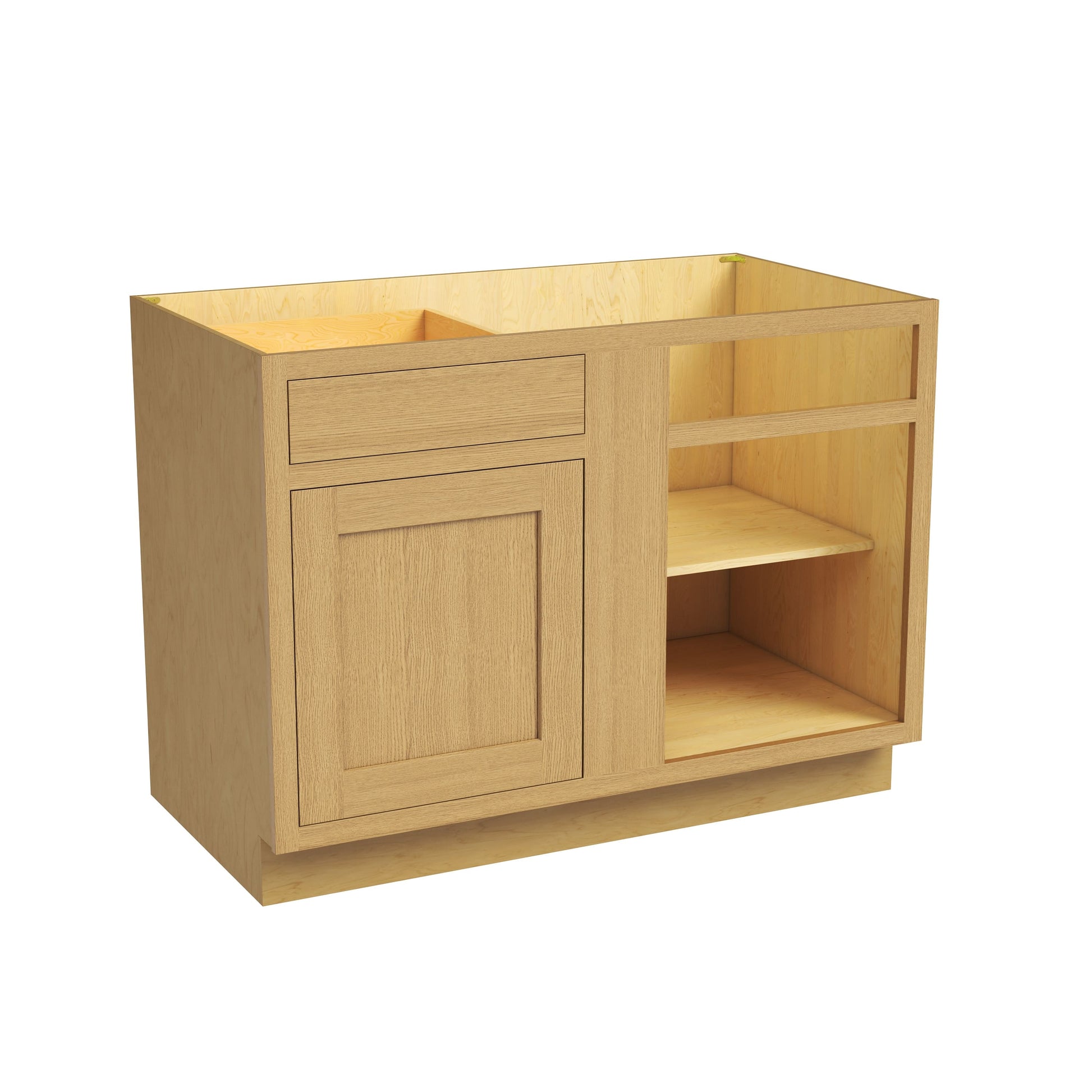 Inset Hazelnut Oak RTA 40-46"W x 34.5"H x 25"D 3-Size Blind Corner Base Cabinet with 1 Door, 1 Drawer and 1 Shelf
