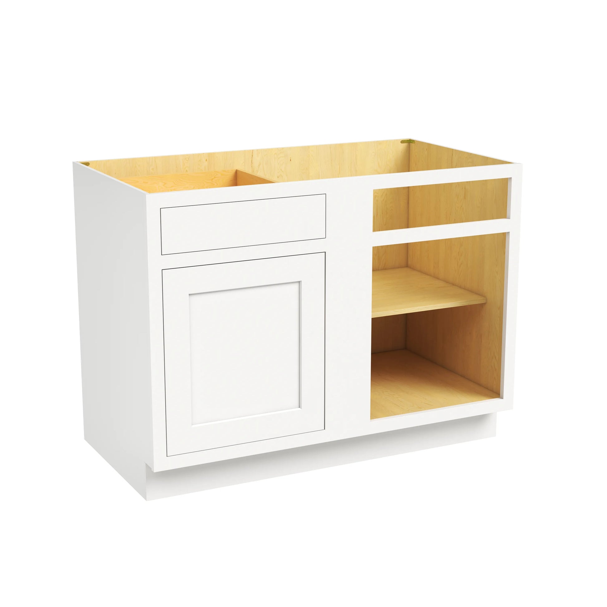 Inset Origami White RTA 40-46"W x 34.5"H x 25"D 3-Size Blind Corner Base Cabinet with 1 Door, 1 Drawer and 1 Shelf