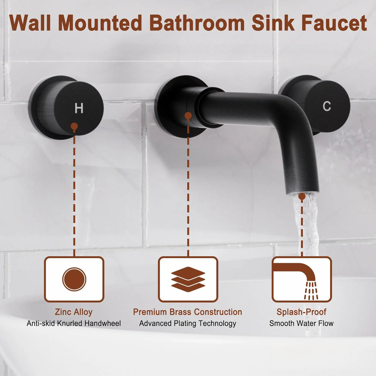 Matte Black 2-Handle Wall-Mounted Bathroom Basin Faucet with 360° Swivel Spout