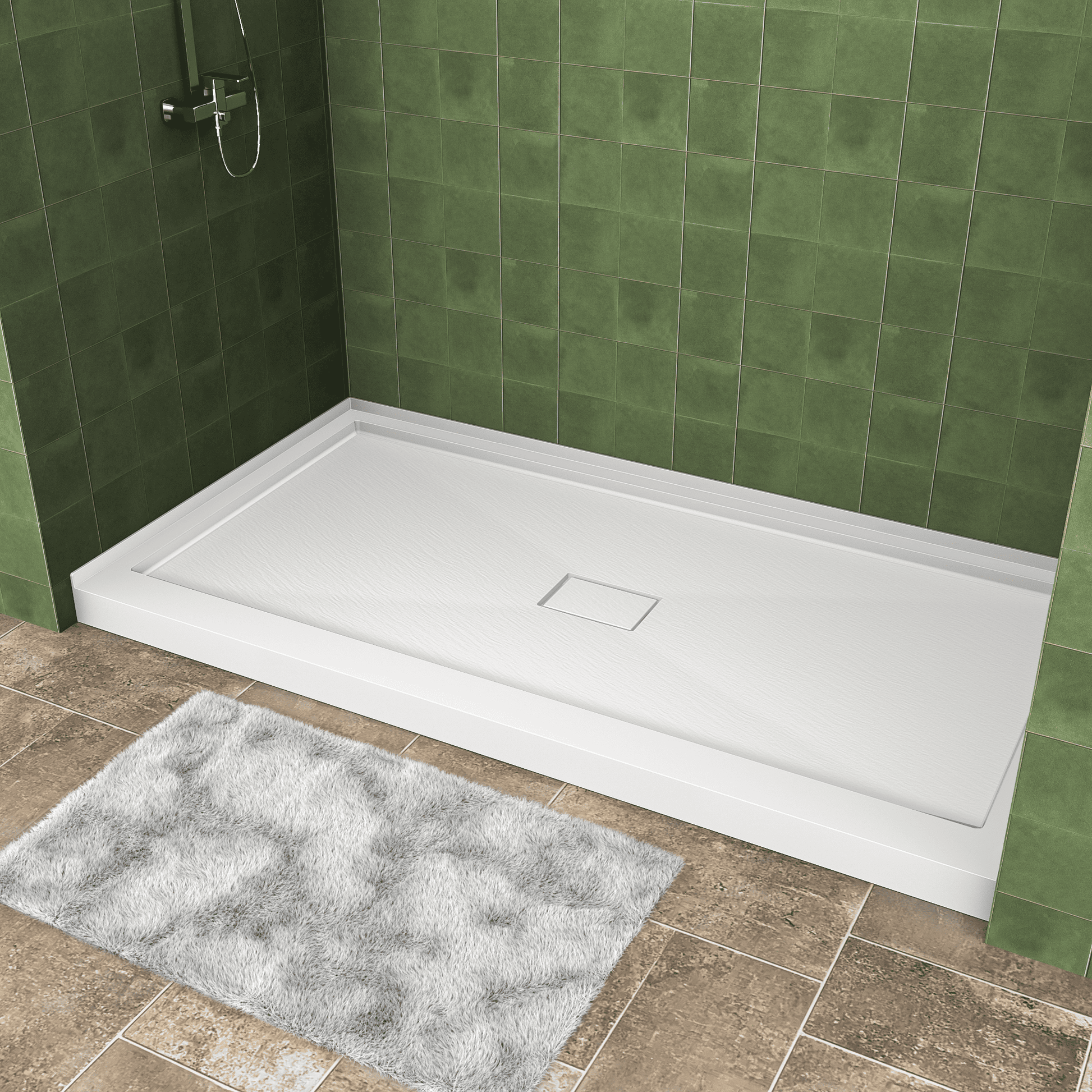 One-piece White Shower Base with Flamed Rock Slip-Resistant Surface, Center Drain