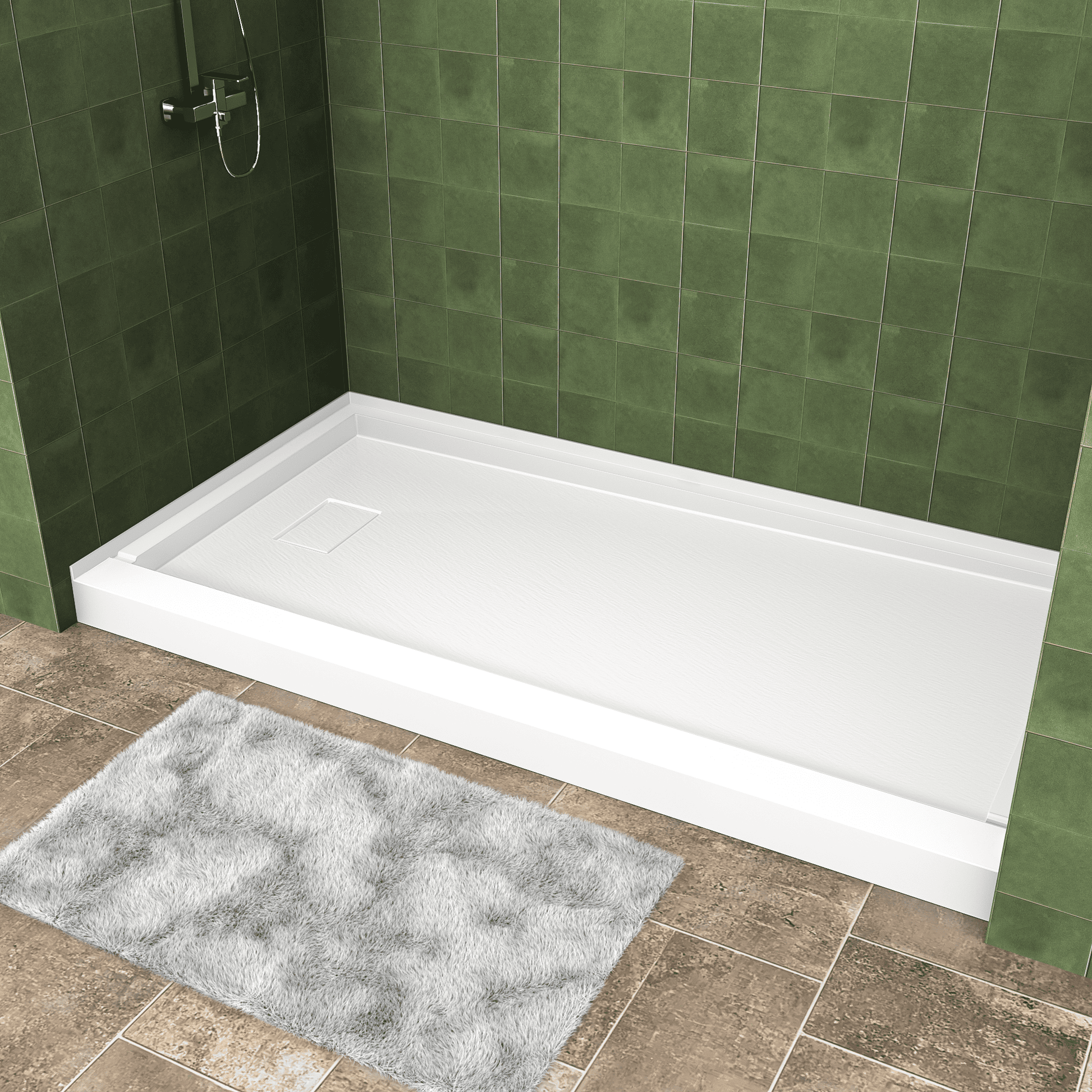 One-piece White Shower Base with Flamed Rock Slip-Resistant Surface, Left/Right Drain