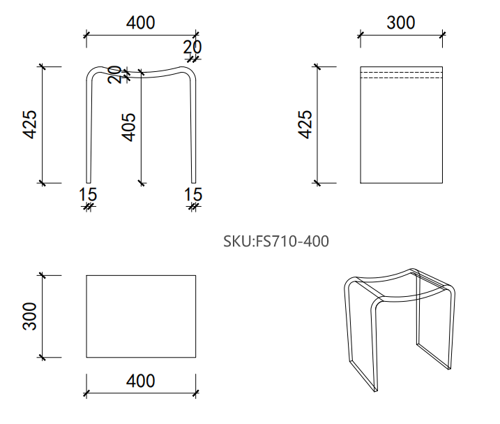 Solid Surface U-Shaped Shower Stool in Matte White / Matte Black