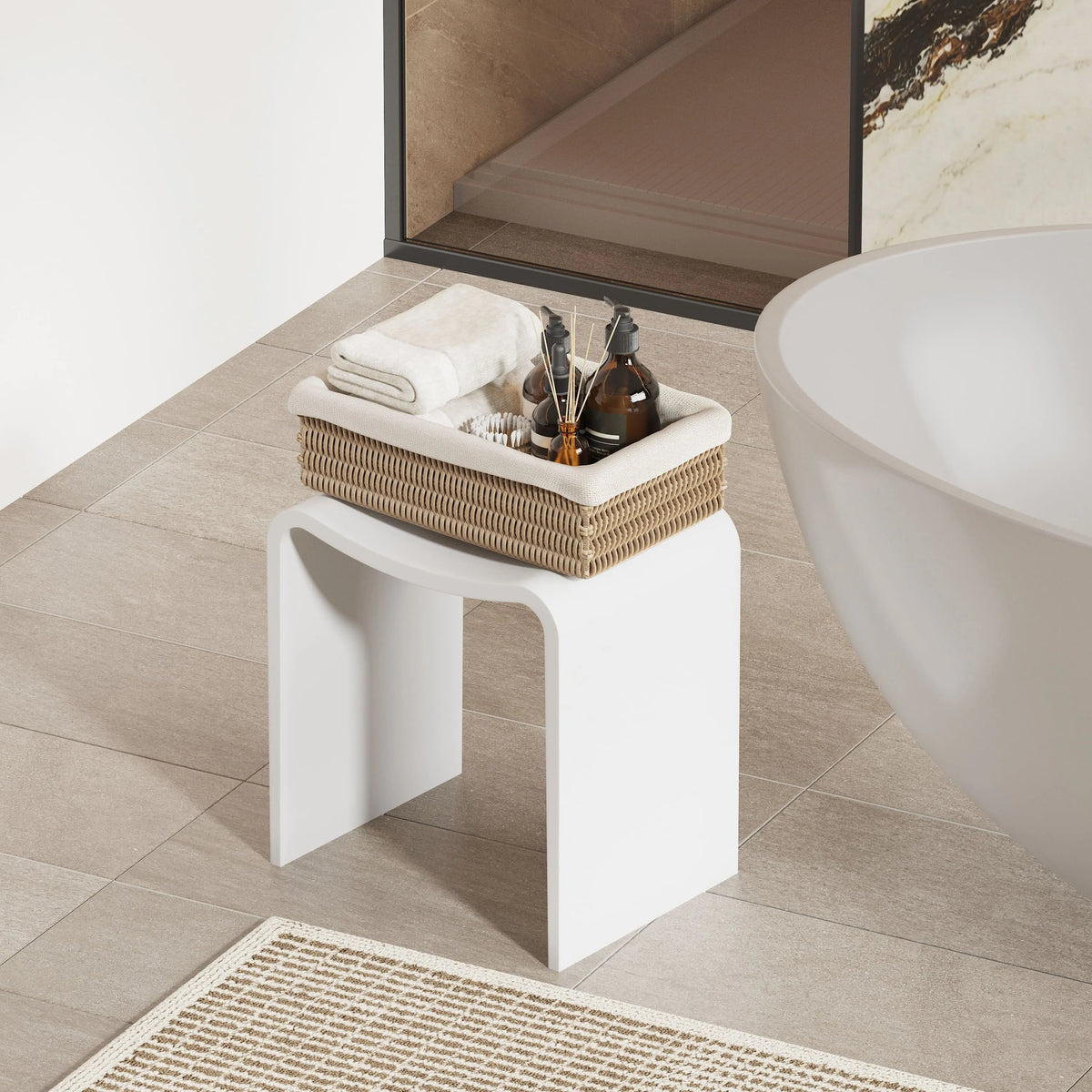Solid Surface U-Shaped Shower Stool in Matte White / Matte Black