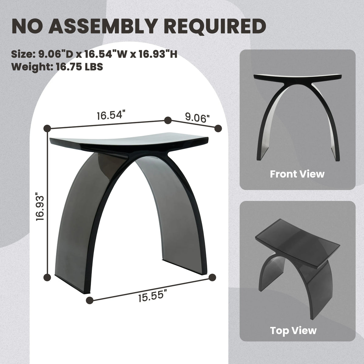Translucent Resin Arched Solid Surface Bathroom Shower Bench in Glossy Smoke Black/Amber
