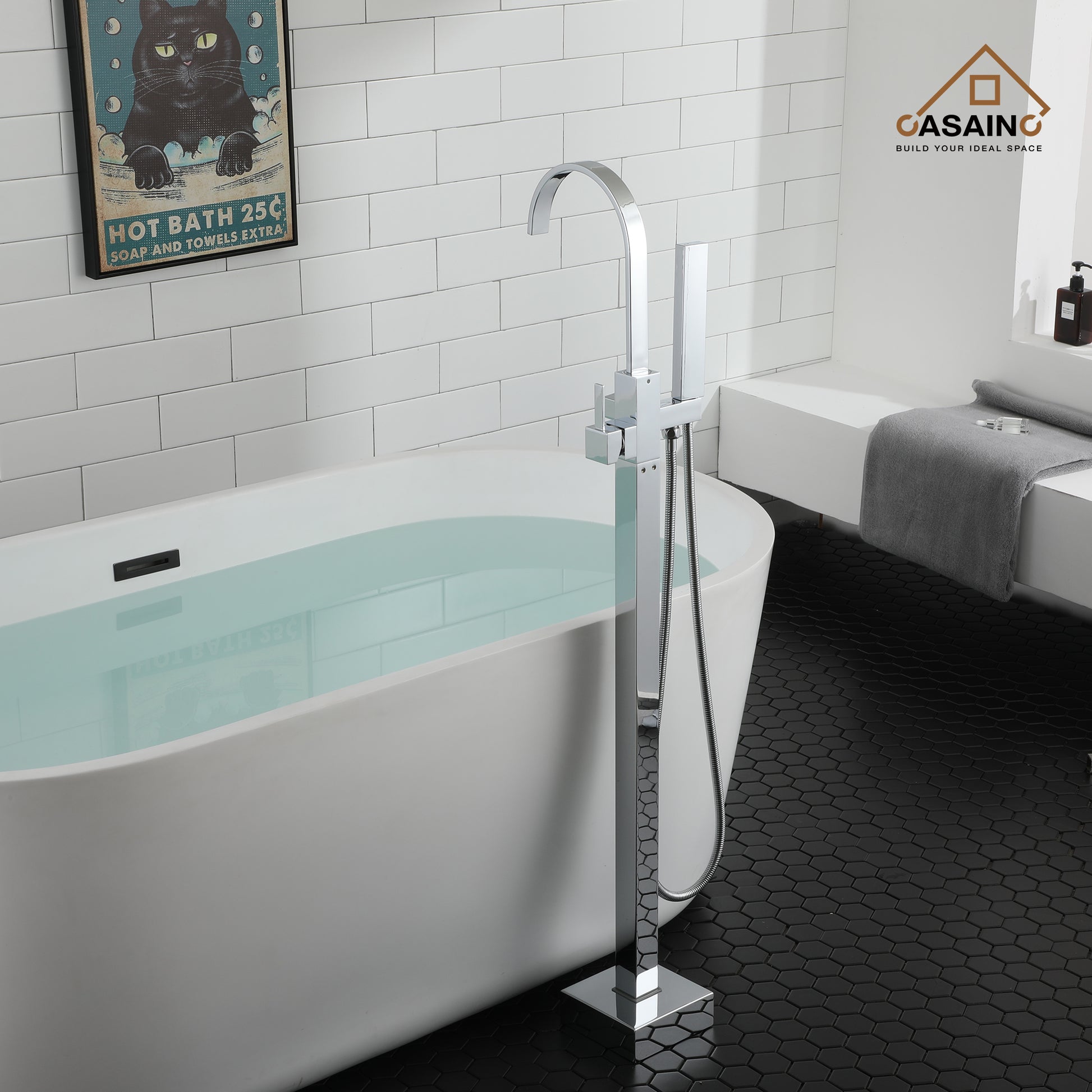 Floor Mount High Arc Bathtub Faucet with Ceramic Filter and Hand Shower