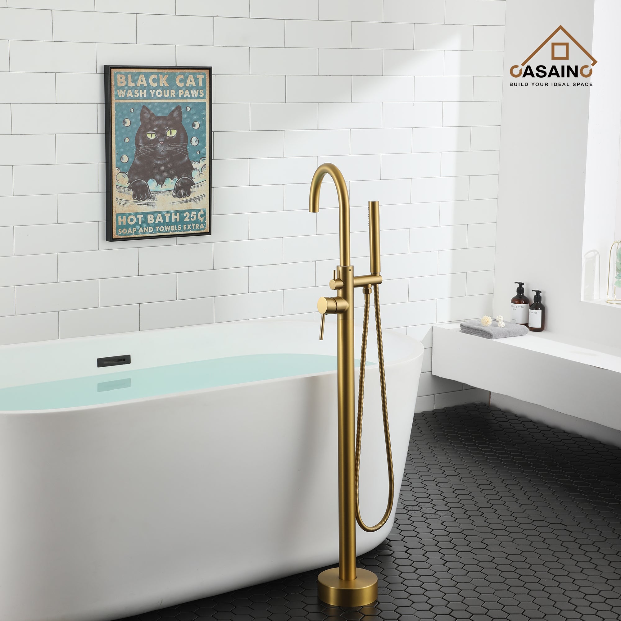 Freestanding Bathtub Faucet with Hand Shower in Brushed Brass