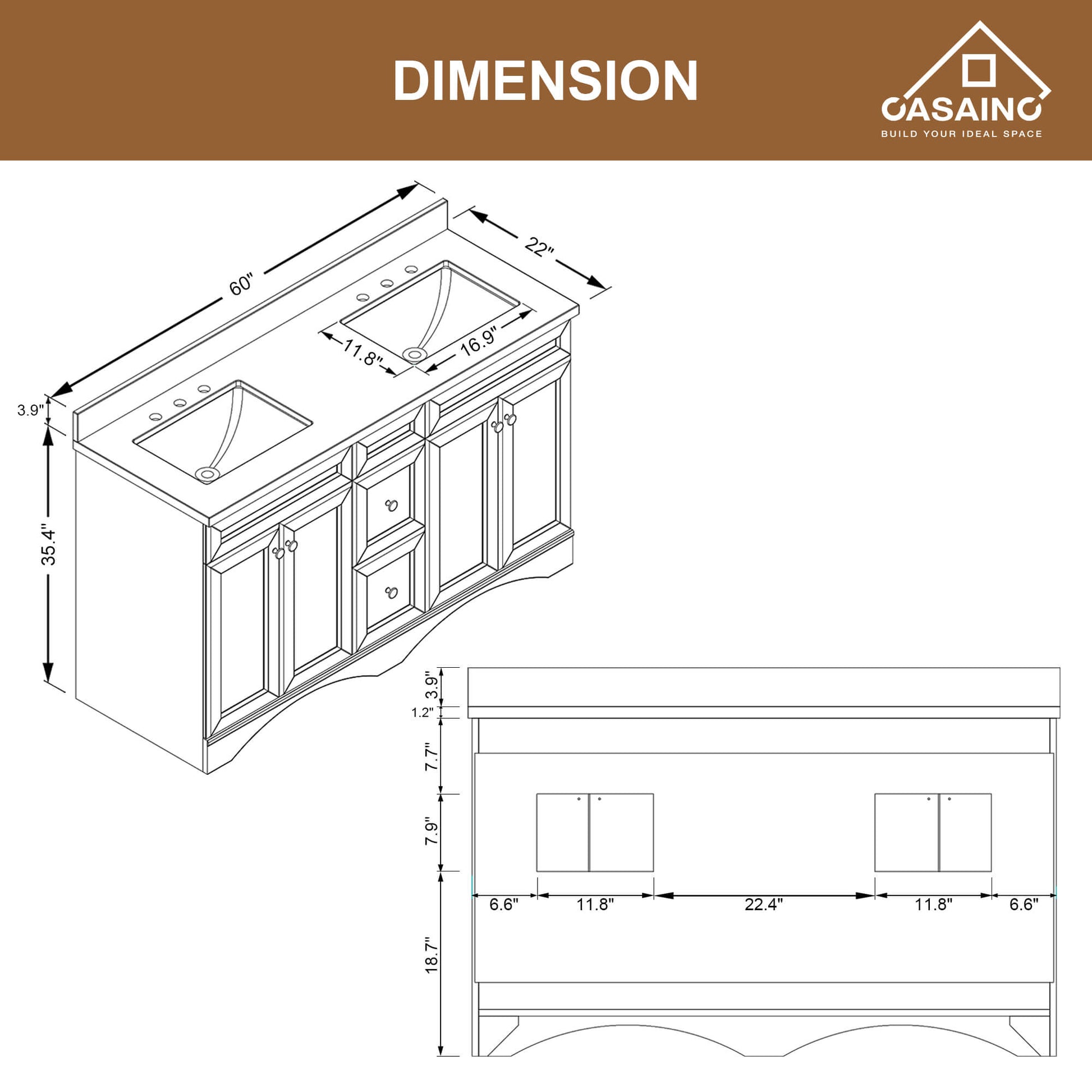 CASAINC 60 x 22 x 35.4 in. Solid Wood Bath Vanity with Marble Top and Backsplash in Gray/White (No/With Mirror)