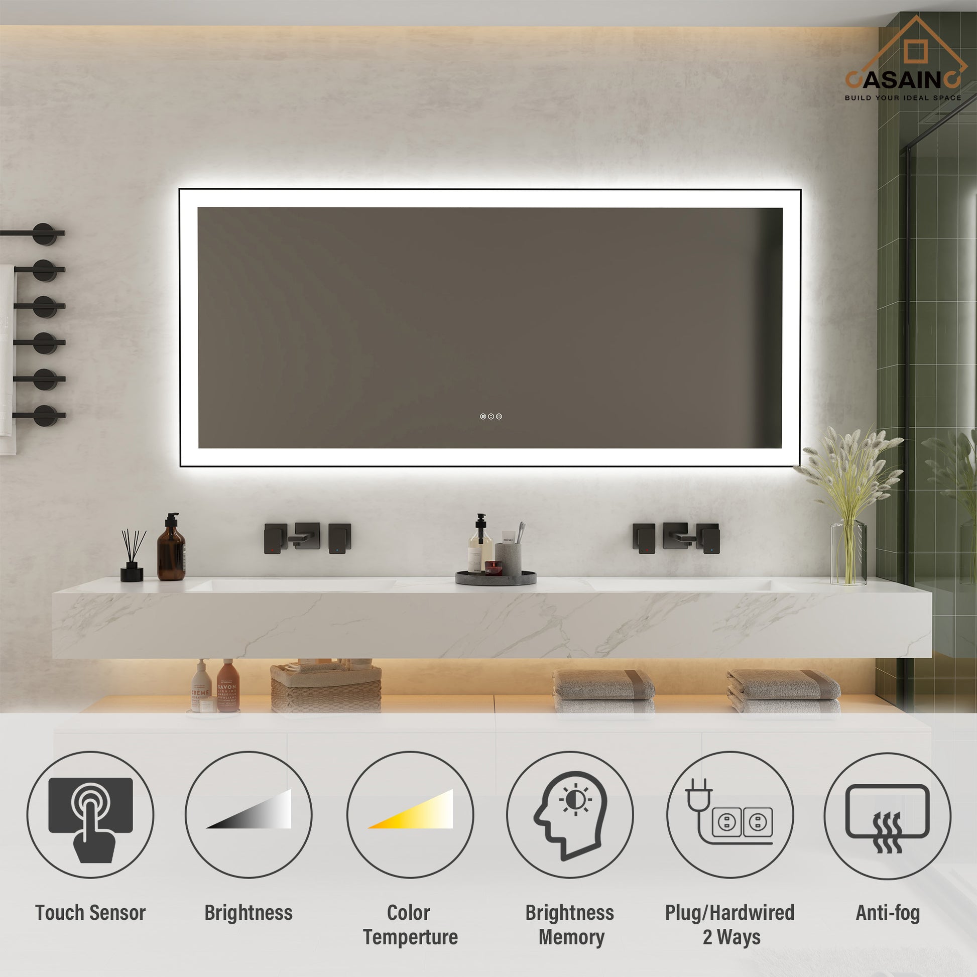 Tempered Glass LED Mirror with Aluminum Frame for Bathroom Vanity