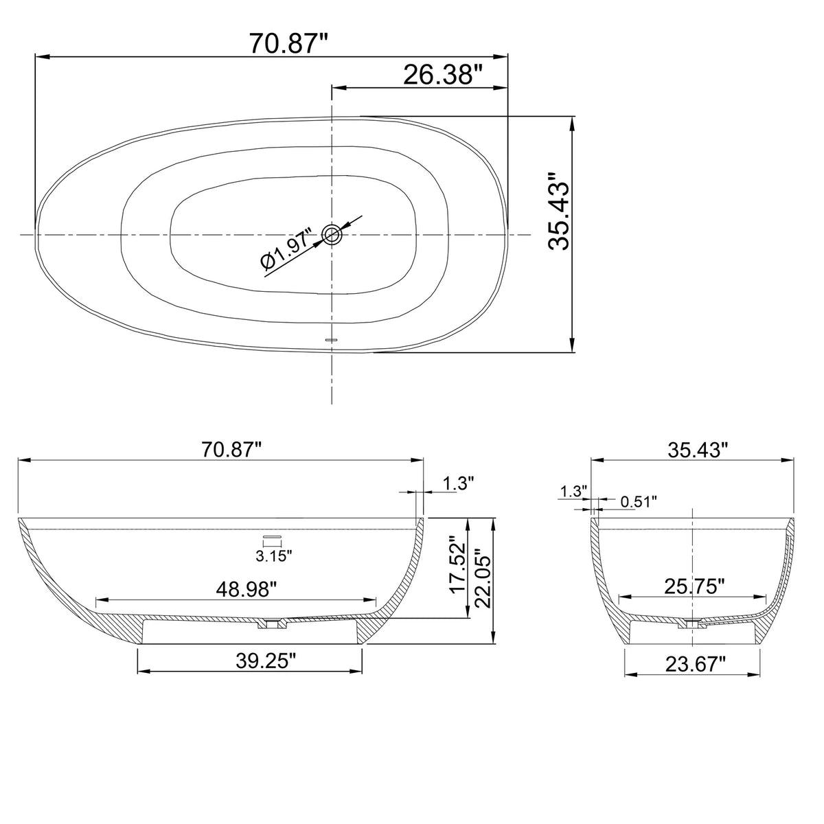 71" Matte White Artificial Stone Solid Surface Freestanding Bathtub