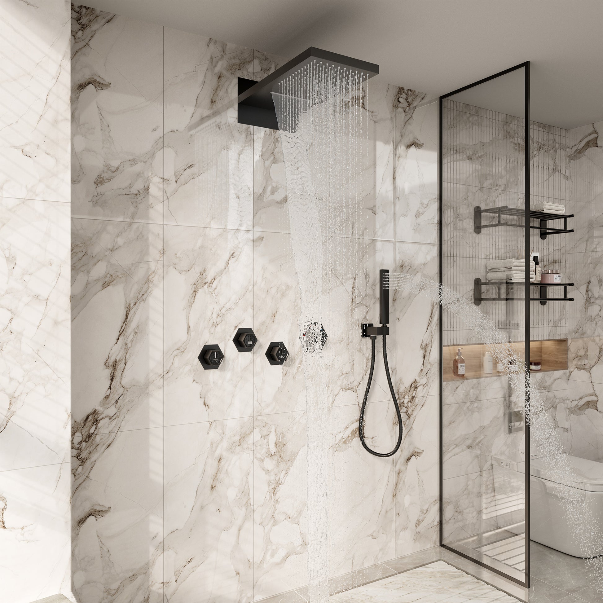 22" Wall-Mount Thermostatic Shower System with 64-Color LED & Built-In Music
