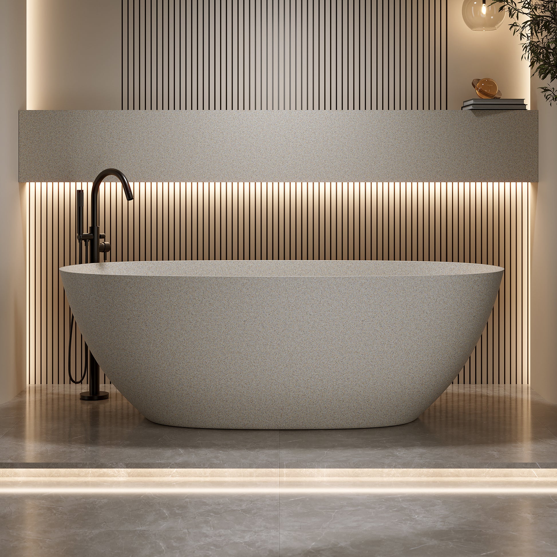 57"/61"/65"/69" Cream Grey Stone Resin Freestanding Soaking Bathtub with One-Side Overflow