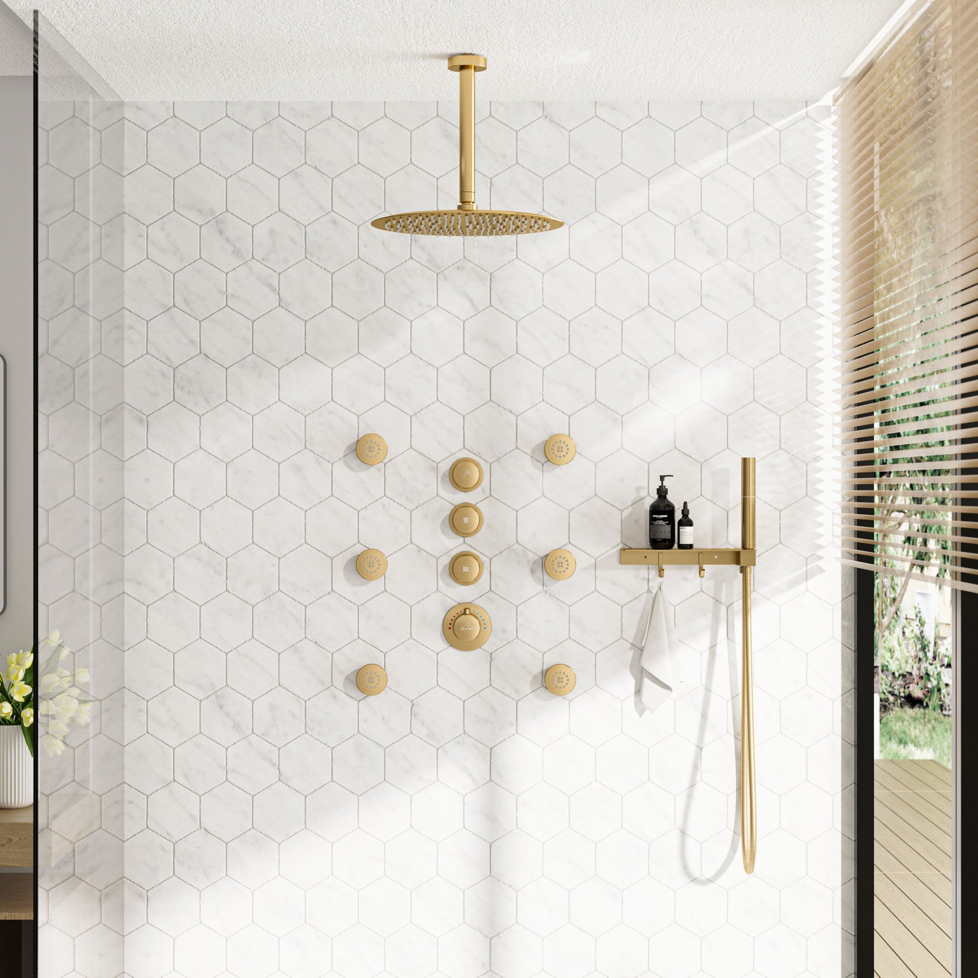 12" Shower System With Shelf, Handheld Shower With Spray Gun Feature
