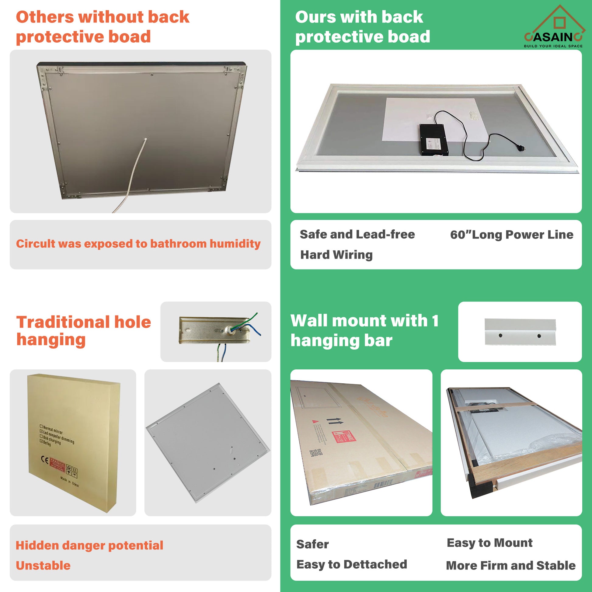 Frameless Rectangular LED Bathroom Mirror with Anti-Fog, Shatter-Proof