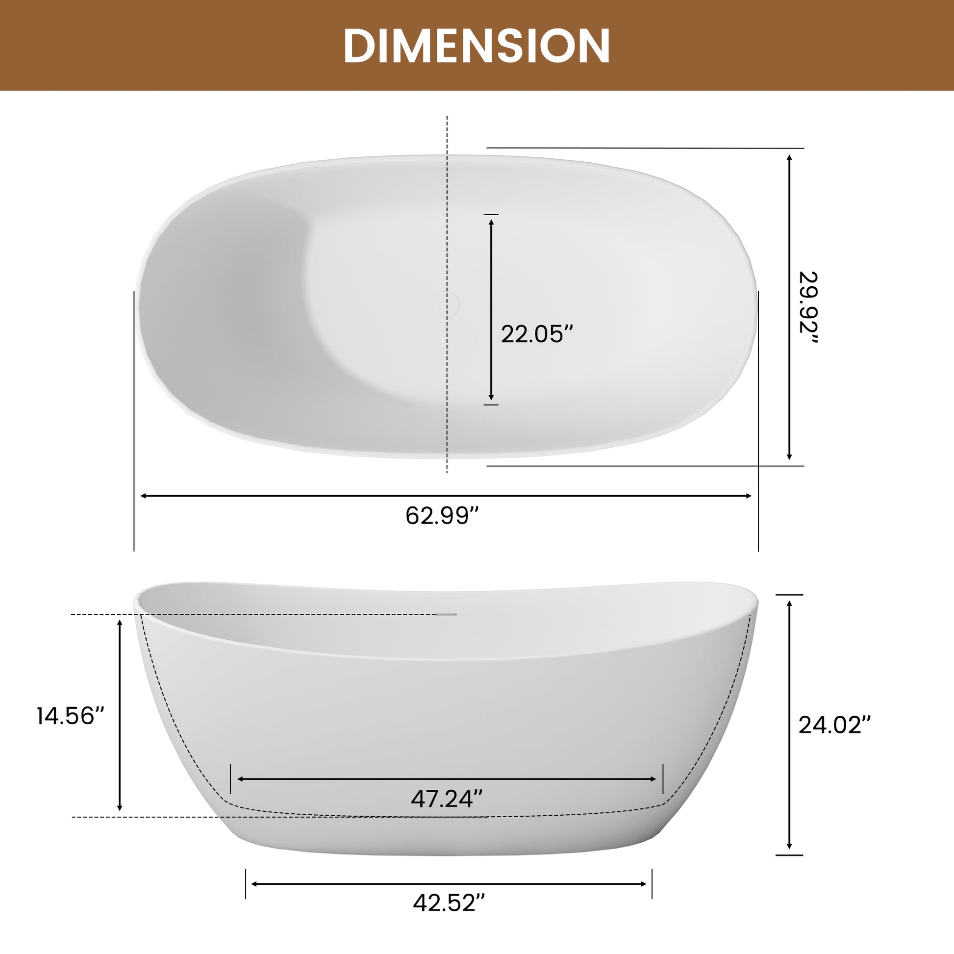 63" Freestanding Solid Surface Stone Bathtub with Symmetrical Moon Design