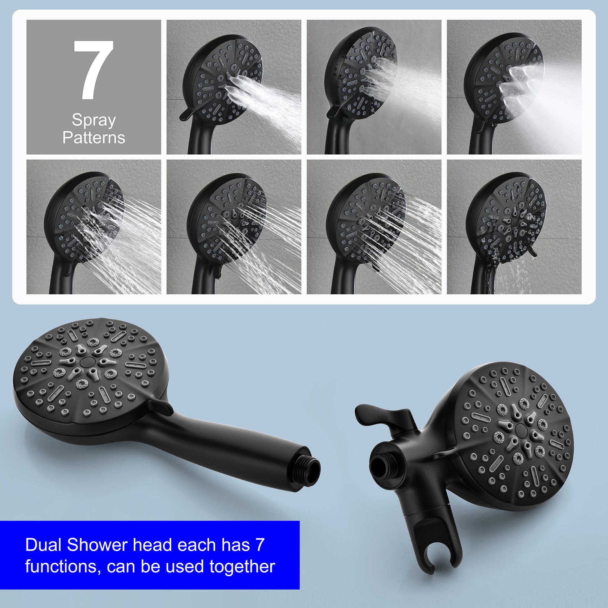7-Function Dual Shower Head System with Handheld Shower and Pressure Balance Valve in Matte Black