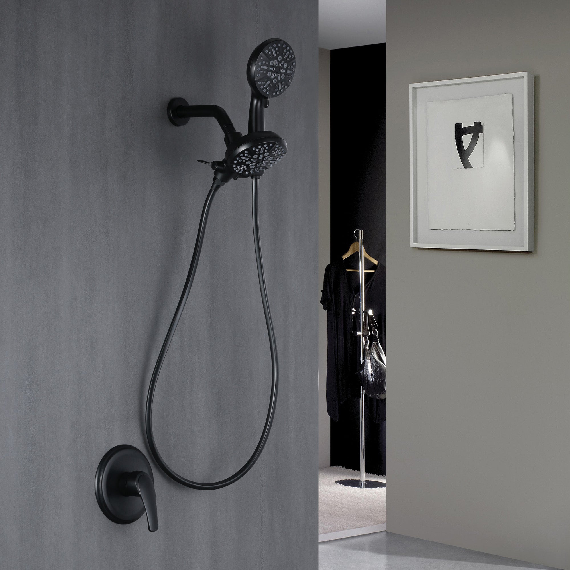 7-Function Dual Shower Head System with Handheld Shower and Pressure Balance Valve in Matte Black