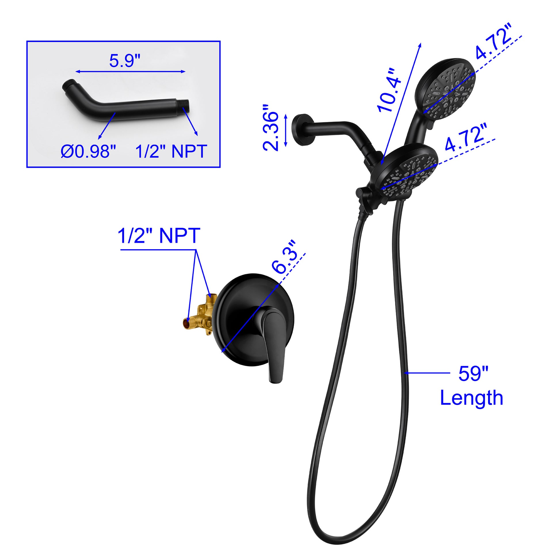 7-Function Dual Shower Head System with Handheld Shower and Pressure Balance Valve in Matte Black