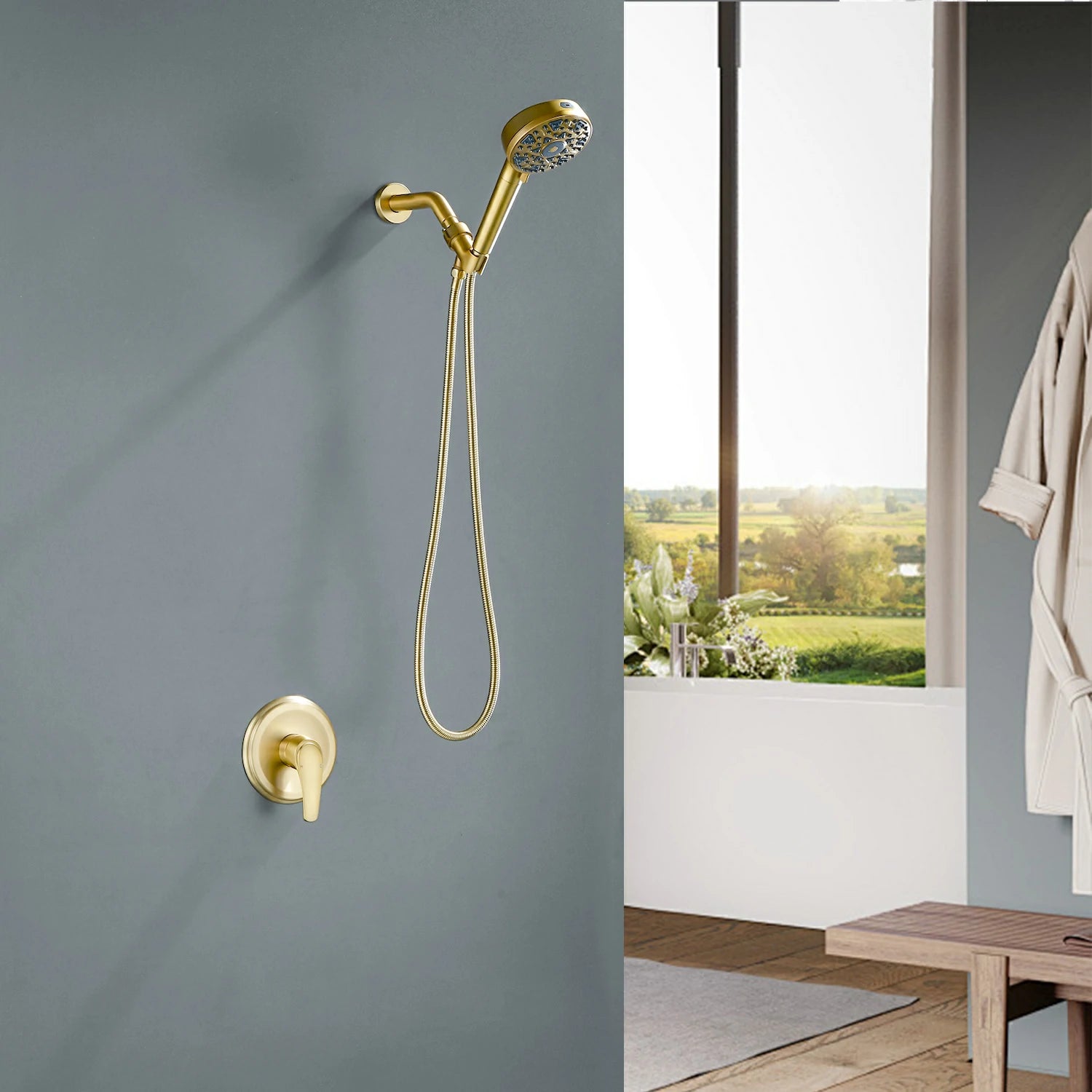 7-Function Handheld Shower System with Filter and Pressure Balance Valve in Brushed Gold
