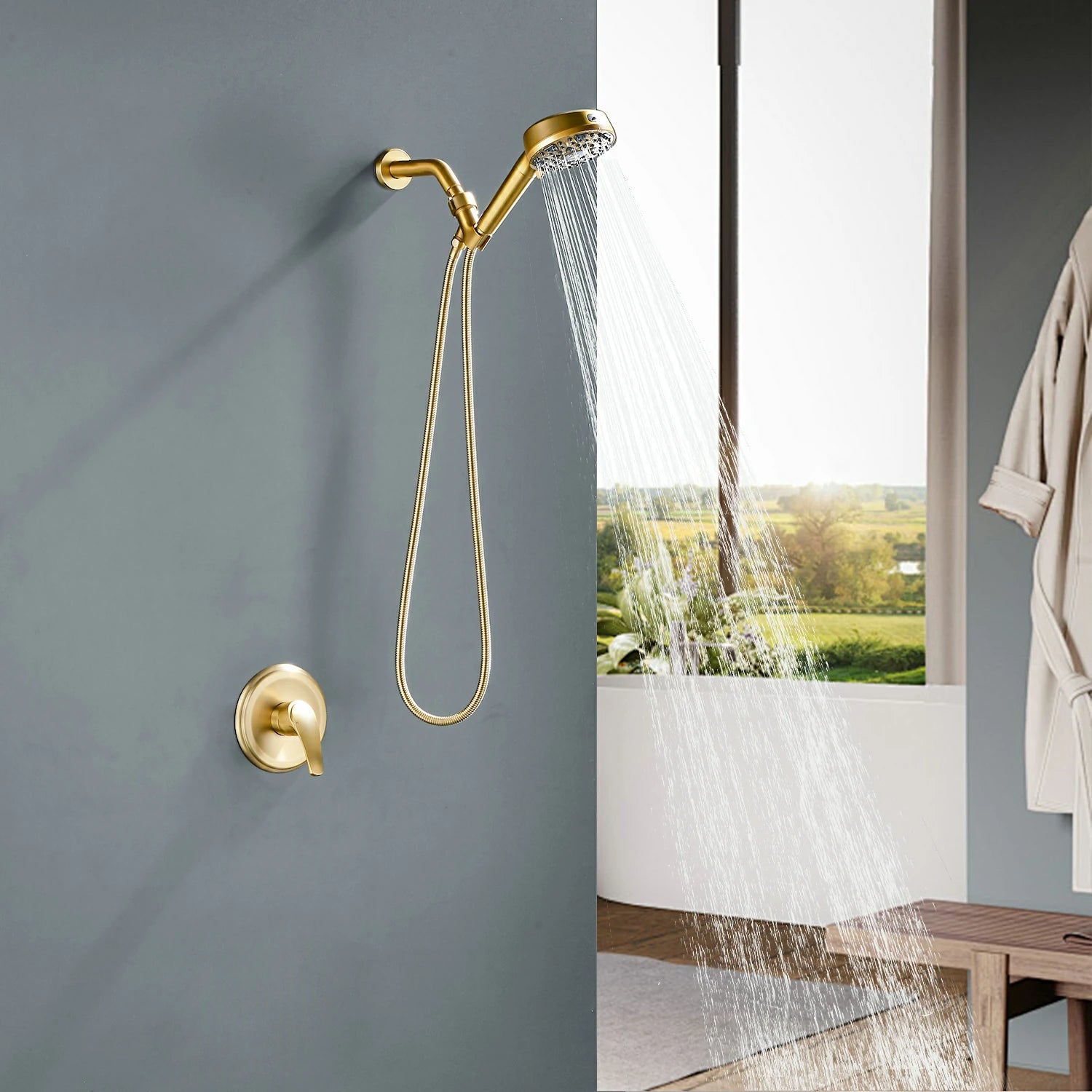 7-Function Handheld Shower System with Filter and Pressure Balance Valve in Brushed Gold