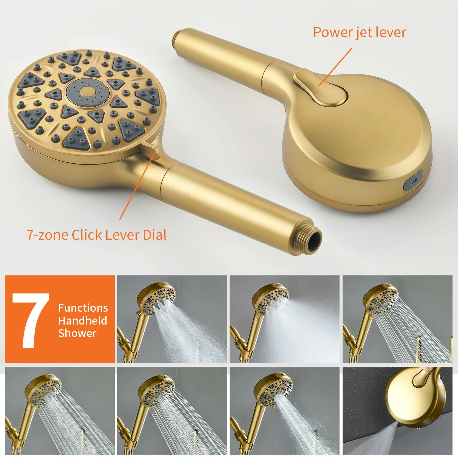 7-Function Handheld Shower System with Filter and Pressure Balance Valve in Brushed Gold