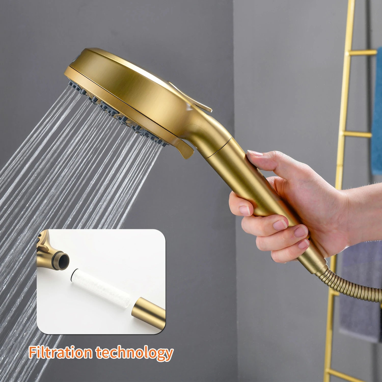 7-Function Handheld Shower System with Filter and Pressure Balance Valve in Brushed Gold