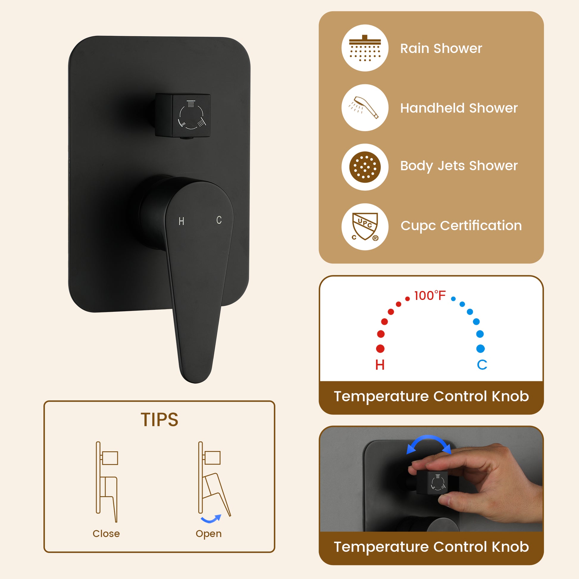 20*14 inch 3-Function Body Jet Shower System with LED Lights & Slide Bar