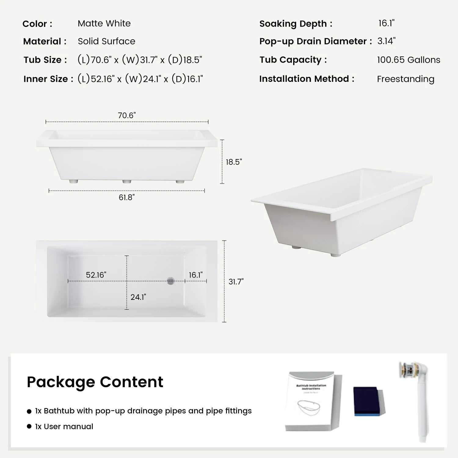 71" Solid Surface Alcove Deep Soaking Bathtub with Matte White