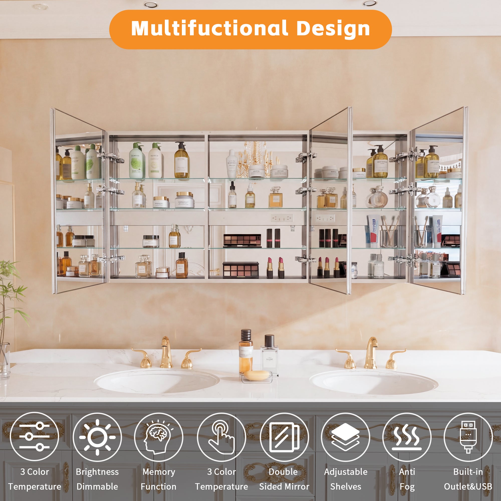 72" W x 36" H LED Lighted Bathroom Medicine Cabinet with Mirror, Tempered Glass Door, Anti-Fog Function and Adjustable Shelves Storage Cabinet (Copy)
