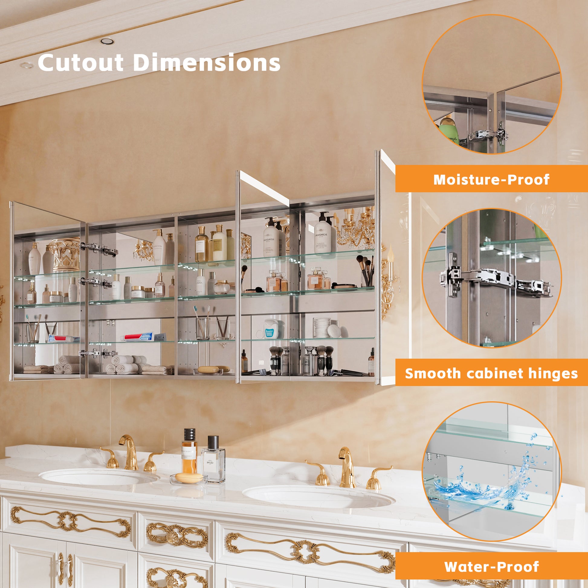 72" W x 36" H LED Lighted Bathroom Medicine Cabinet with Mirror, Tempered Glass Door, Anti-Fog Function and Adjustable Shelves Storage Cabinet (Copy)